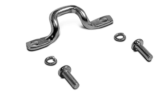 Bronze metal glove box latch loop with mounting holes, side view