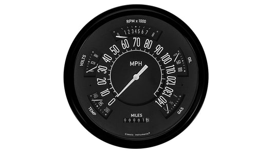 Black alloy gauge cluster with white dials and chrome accents, front view