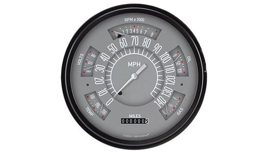 Gray instrument gauge cluster with white dials and chrome bezel, front view