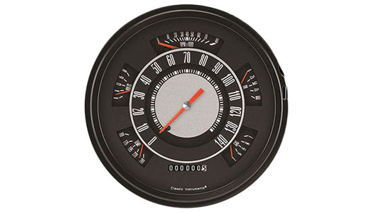 Vintage-style white gauge cluster with black markings and chrome bezel for 1966-77 Ford Bronco, fron