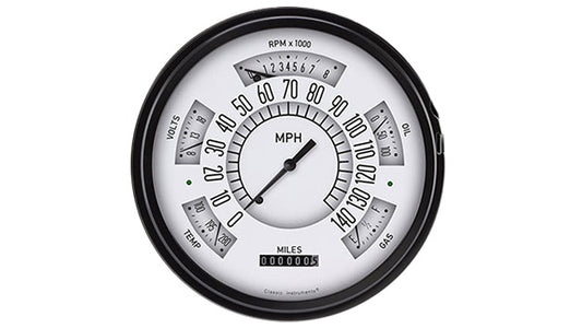 White instrument gauge cluster with chrome bezel for 1966-77 Ford Bronco, front view