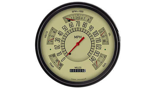 Tan gauge cluster with white dials and chrome accents for Ford Bronco, front view
