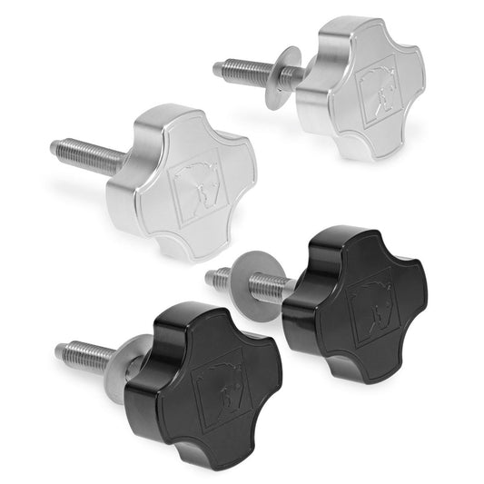 Polished aluminum dash knobs with engraved markings, front view