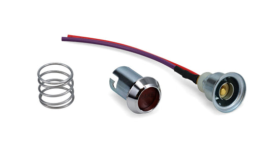 Red brake warning light bezel with clear lens and attached wiring harness, front view