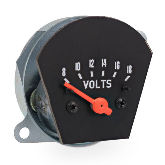 Silver voltmeter gauge with black face and white markings, close-up