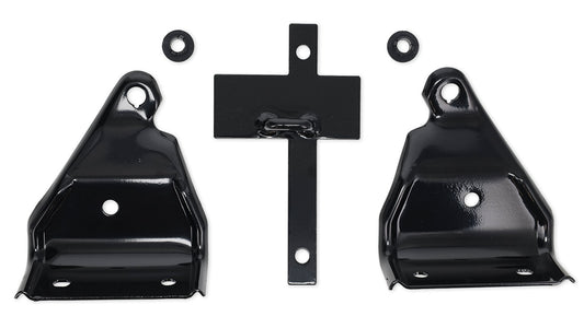 Black metal fold and tumble bracket kit with mounting hardware, side view