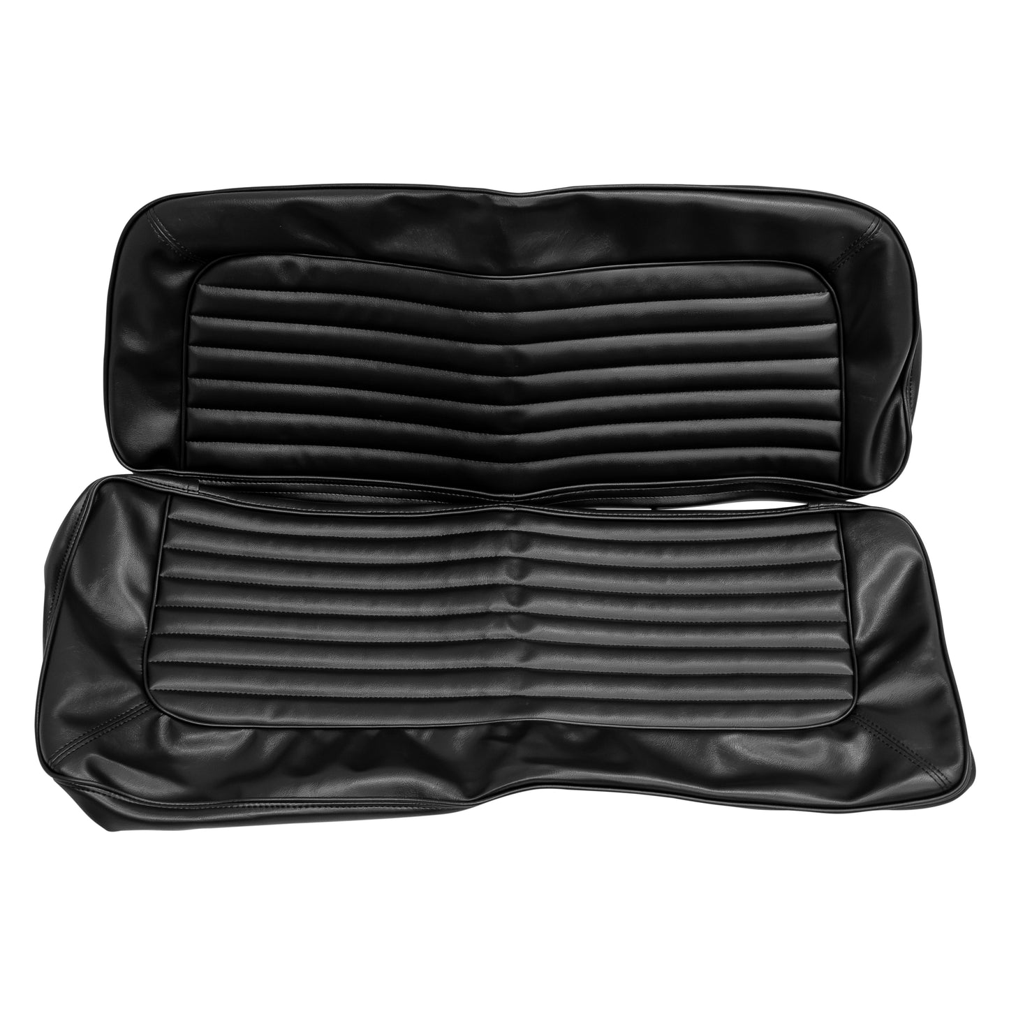 Black vinyl rear bench seat with vertical stitching, side view for 1966-77 Ford Bronco