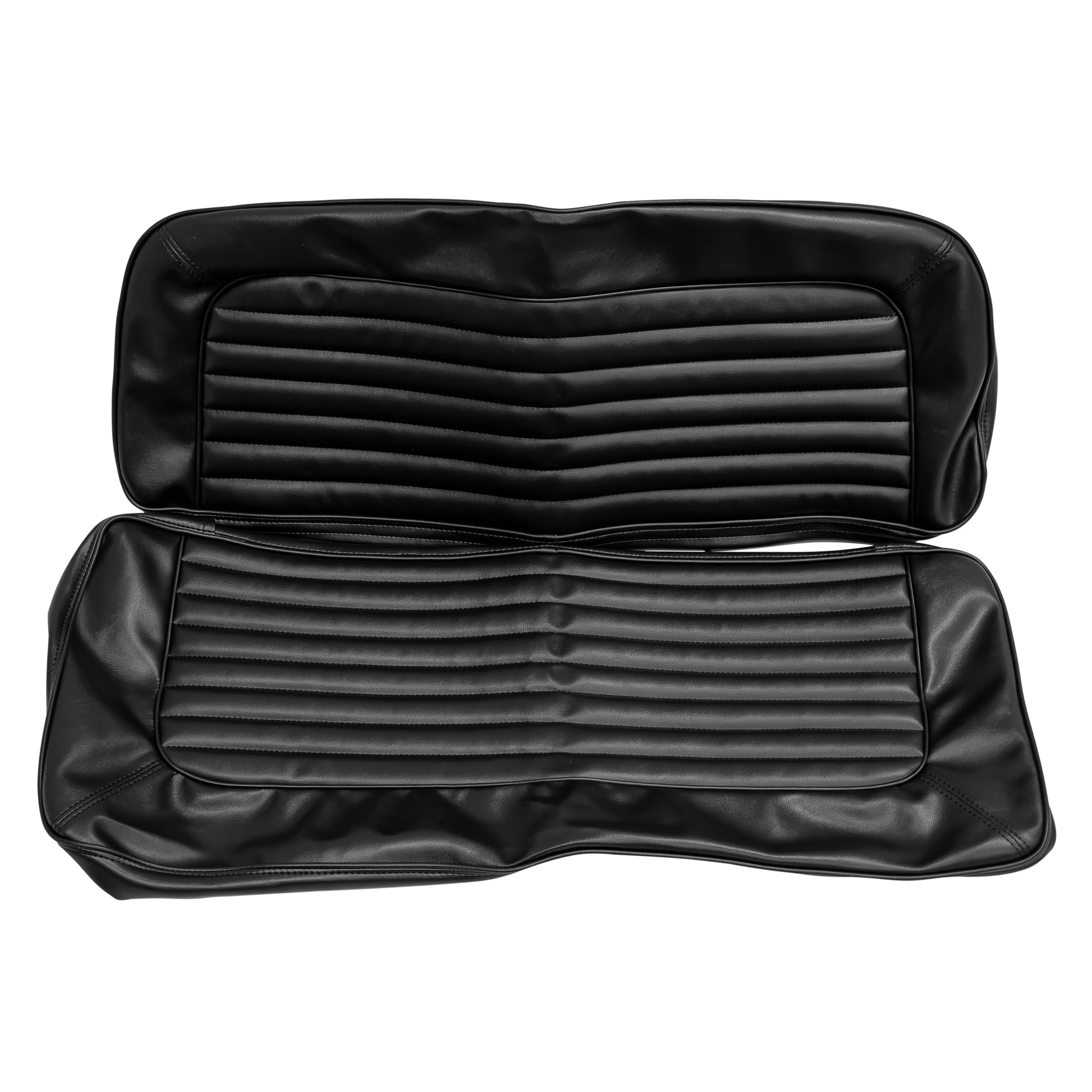 Black vinyl rear bench seat with vertical stitching, side view for 1966-77 Ford Bronco