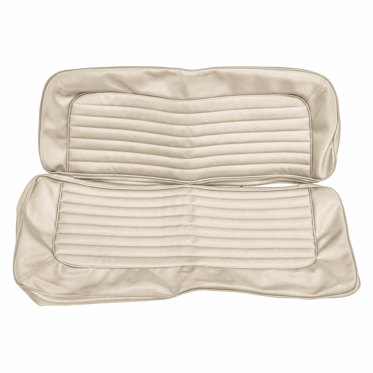 Beige vinyl rear bench seat with tufted upholstery, designed for Ford Bronco, front view