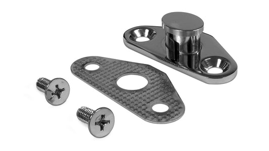 Stainless steel door striker post with mounting hardware, side view