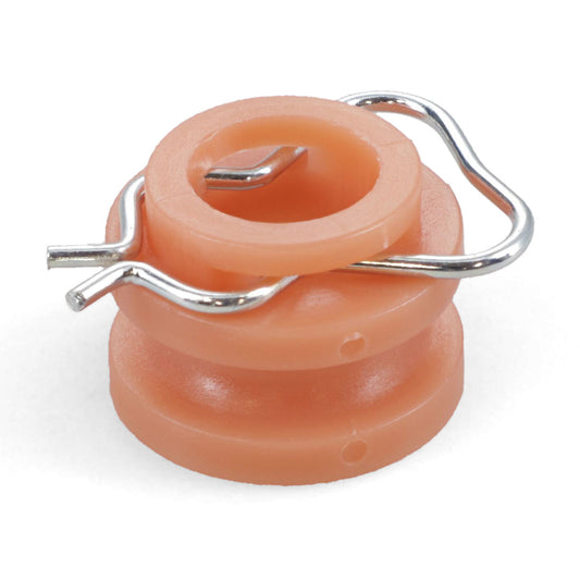 Silver metal window crank roller bushing with clip, side view