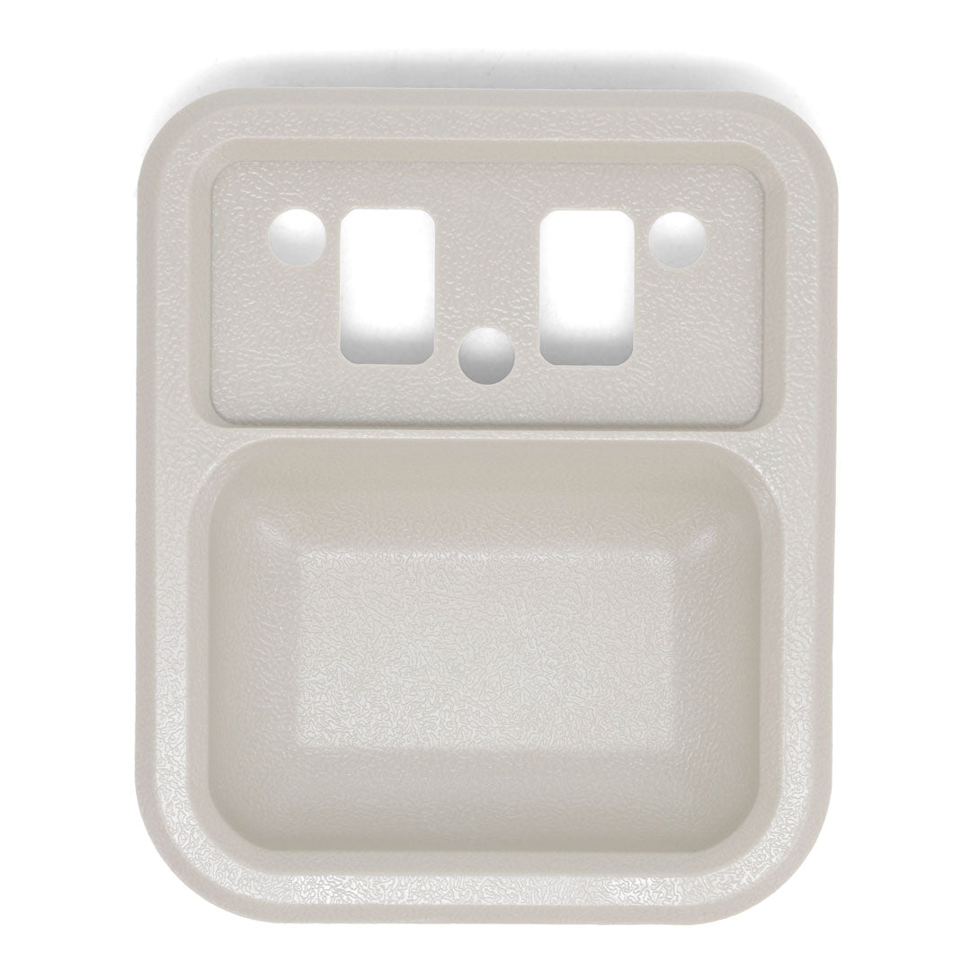 Pair of parchment-colored plastic door cups with textured grip, side view