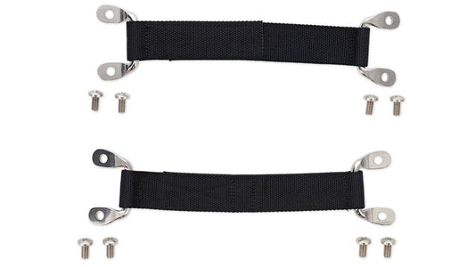 Black rubber door limiting straps with metal mounting hardware, side view