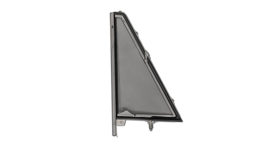 Driver side tinted vent window with chrome frame, front three-quarter view