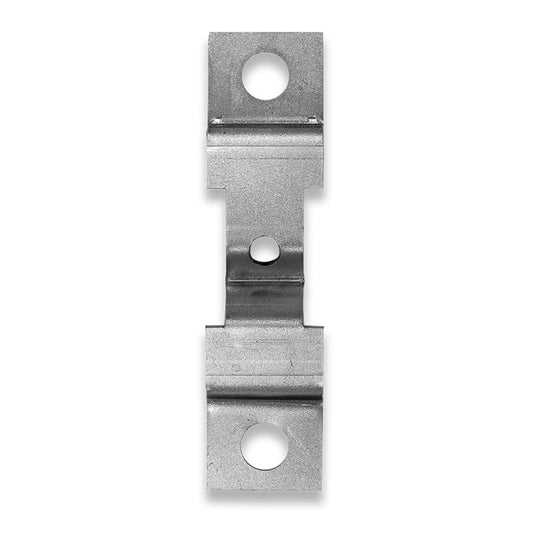 Black metal armrest bracket with mounting holes, side view