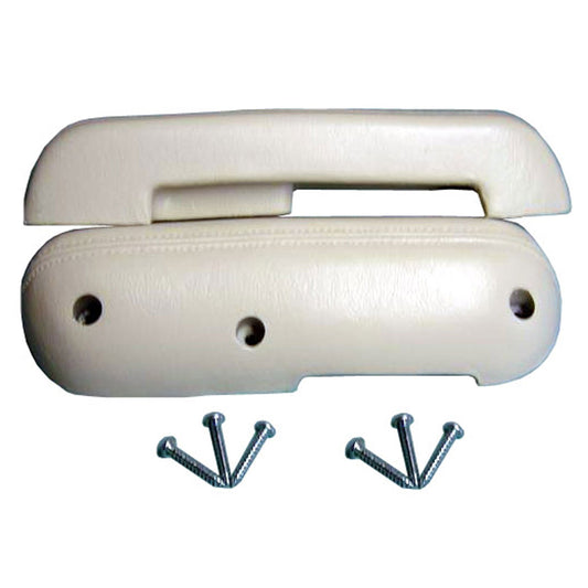 Beige leather armrests with stitched detailing, side view