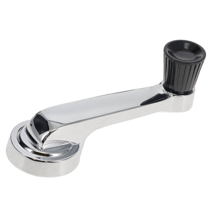 Chrome window crank handle with black knob, side view