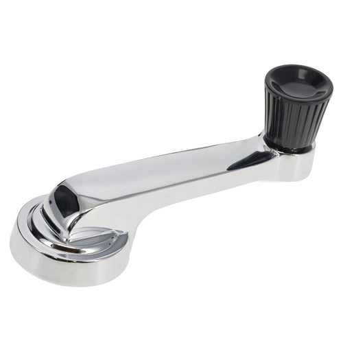 Chrome window crank handle with black knob, side view