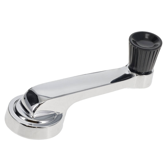 Chrome window crank handle with black knob, side view