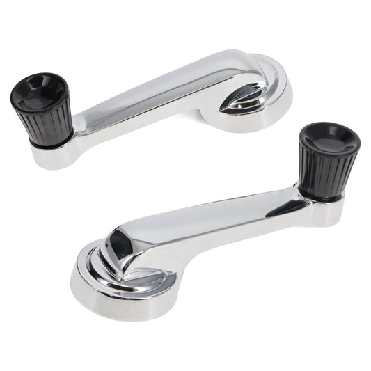 Pair of vintage chrome window handles with textured grips, side view