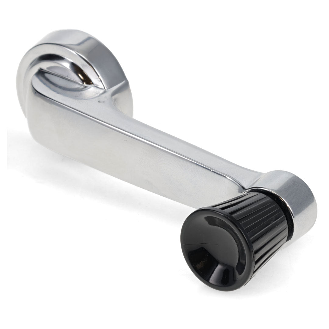Chrome window crank handle with black knob, side view
