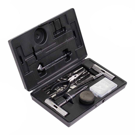 53-piece tire repair kit with tools, plugs, and case, front view