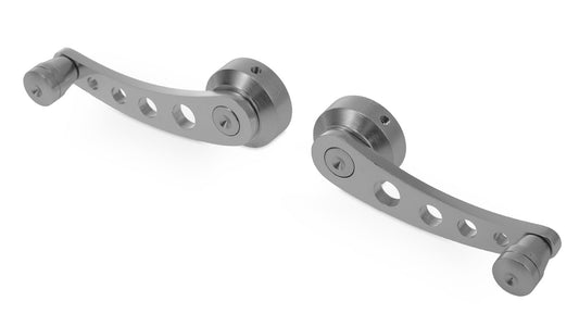 Polished aluminum window handles with knurled grip, side view