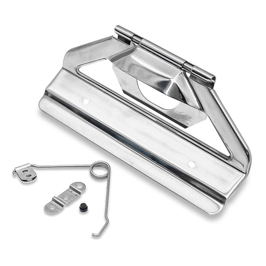 Stainless steel license plate bracket with retainer and spring, front view