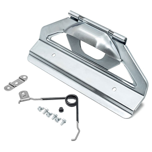 Zinc-plated license plate bracket with retainer and spring, side view