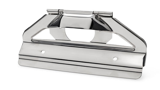 Polished stainless steel license plate bracket with mounting holes, front view