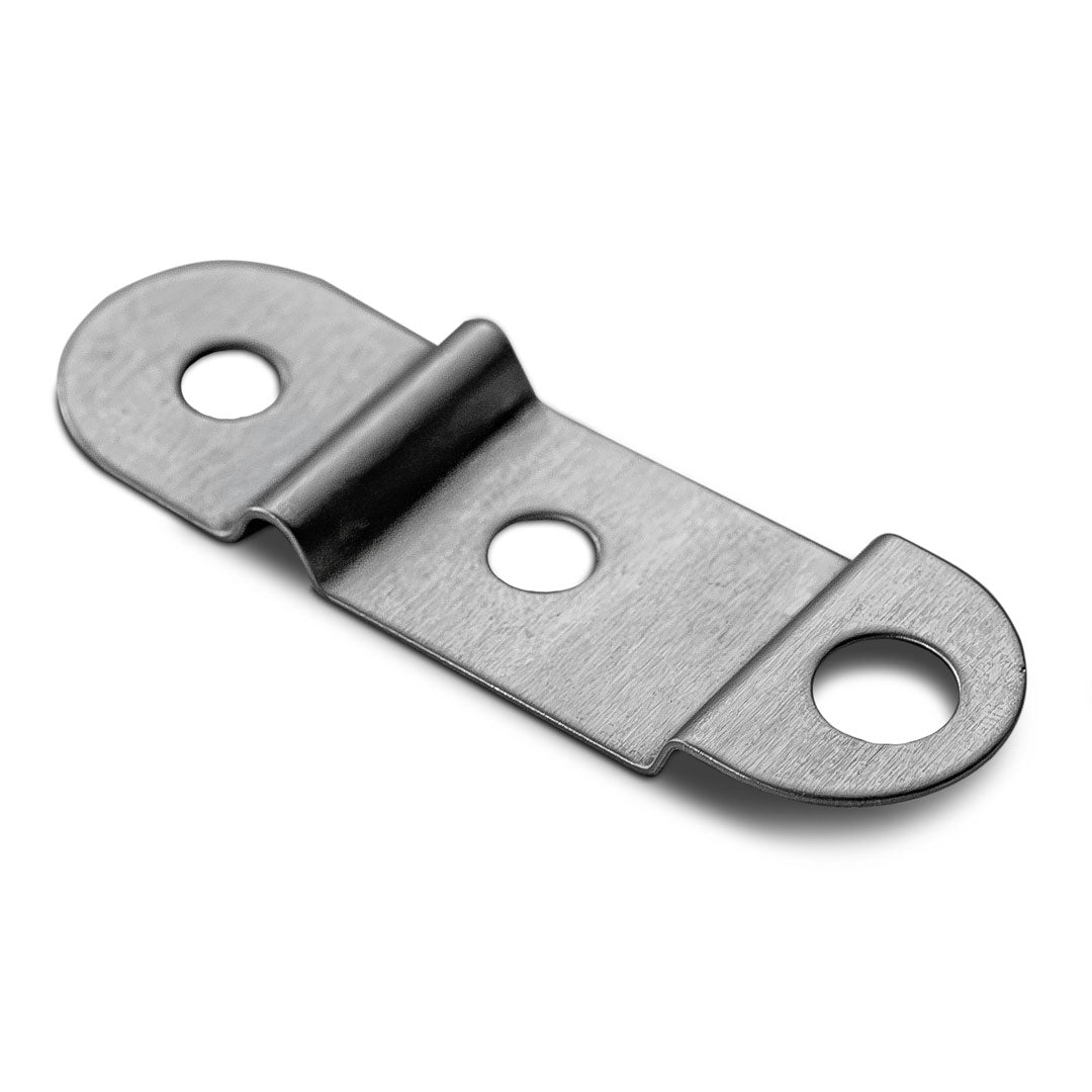 Silver metal license plate spring retainer for classic Ford Bronco, side view