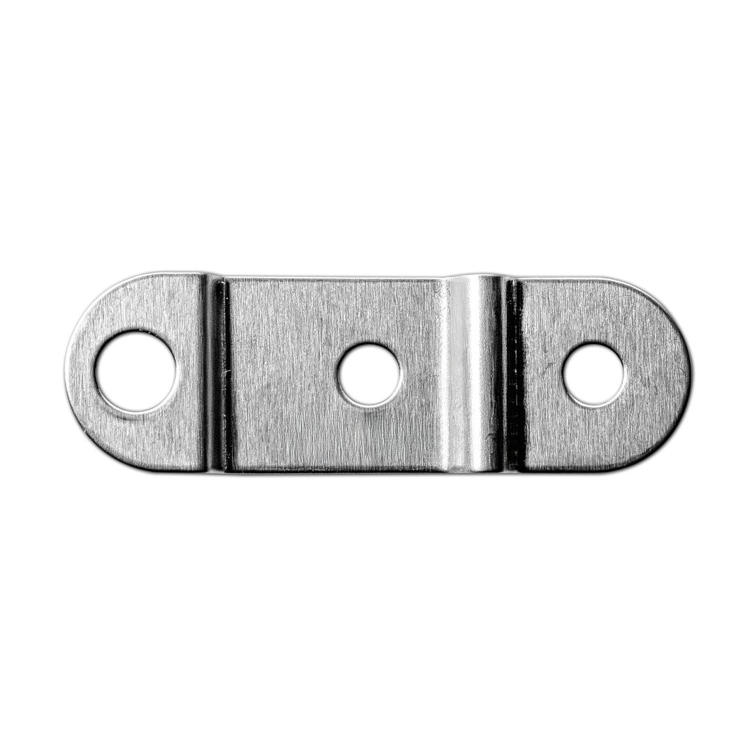 Silver metal license plate spring retainer for classic Ford Bronco, side view