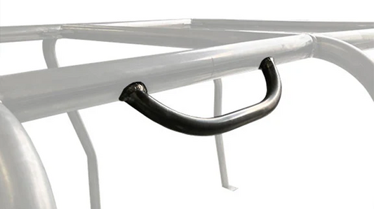 Black metal grab handle with mounting brackets, side view
