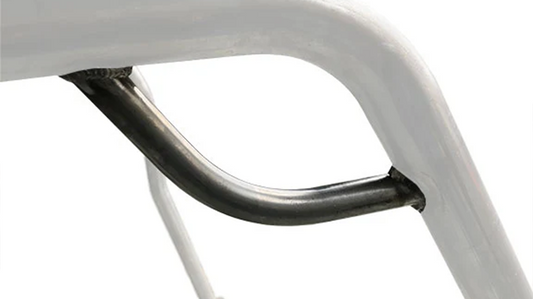 Black metal grab handle with mounting holes, side view