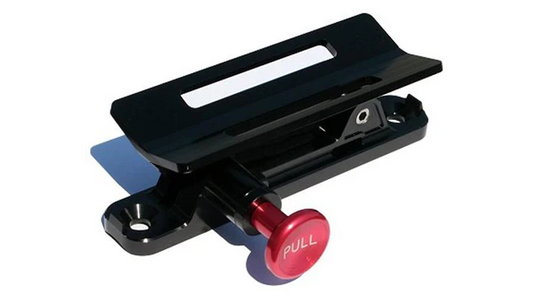 Black metal fire extinguisher with quick-release mount, side view