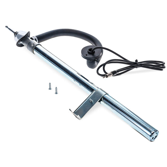 Chrome vehicle radio antenna with spiral coil and threaded base, side view