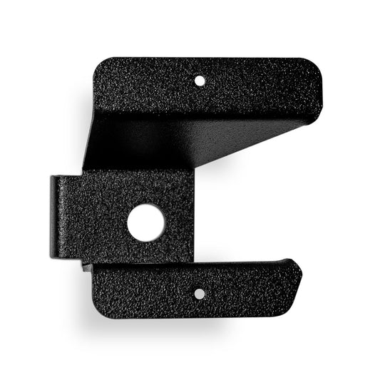 Black metal rear reflector bracket with mounting holes for 1966-77 Ford Bronco, side view