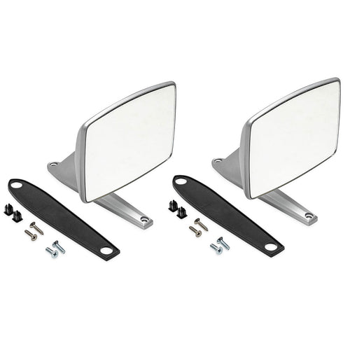 Pair of chrome side mirrors with rounded rectangular shape and adjustable mounting brackets, front v