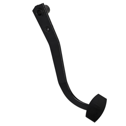 Large silver disc brake pedal with textured footpad and mounting holes, side view