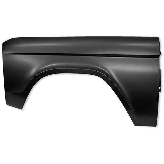 Silver steel front fender with mounting holes for 1966-77 Ford Bronco, side view