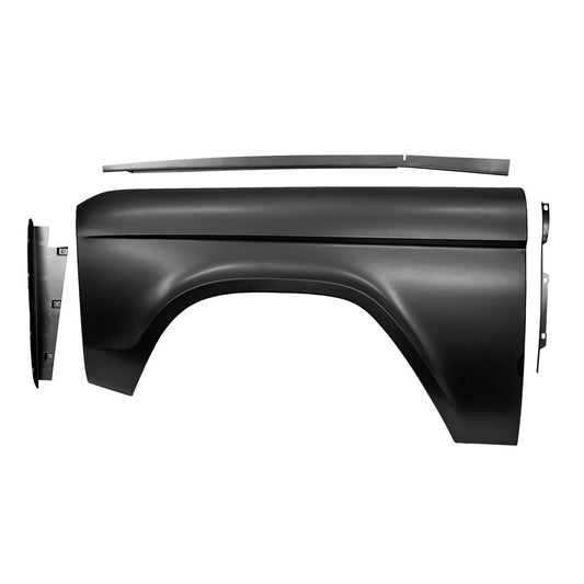 Unpainted steel front fender with bolt holes and contoured shape for 1966-77 Ford Bronco, side view