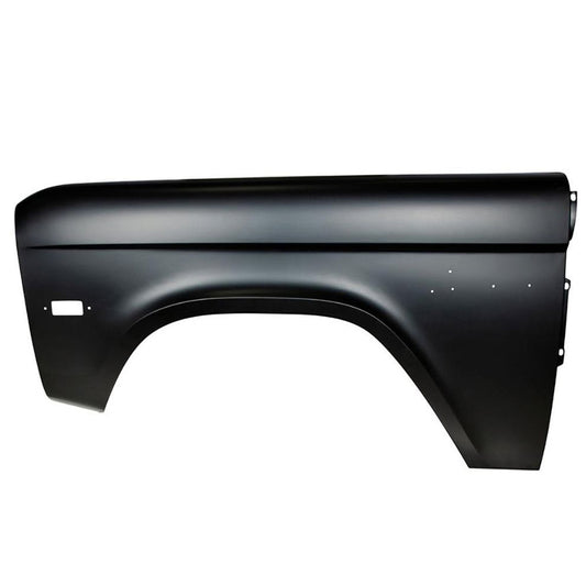 Driver side front fender with emblem holes and marker light cutout for 1970-77 Ford Bronco, three-qu