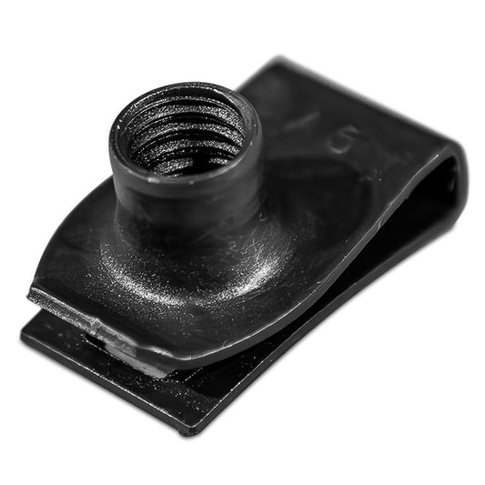 Bronze metal fender clip nut with threaded hole, side view