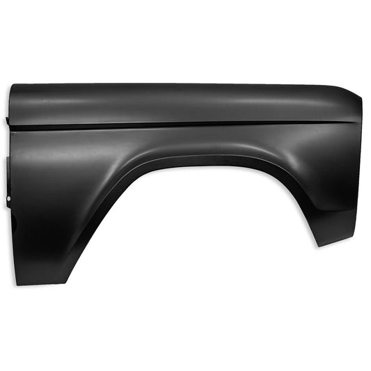 Black steel front fender with rolled edge for 1966-77 Ford Bronco, side view