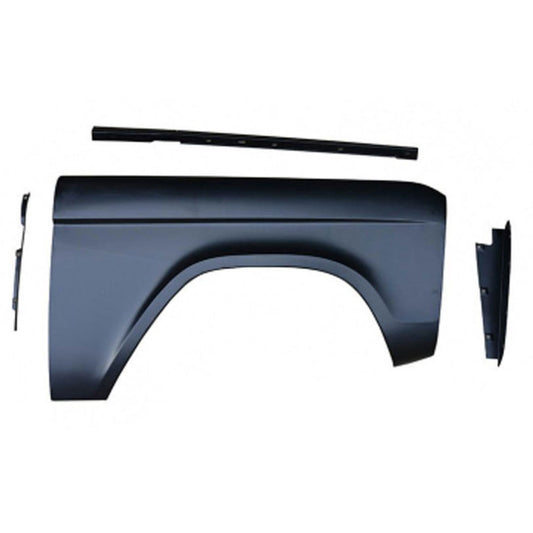 Unpainted steel front fender for 1966-77 Ford Bronco with mounting holes, side view