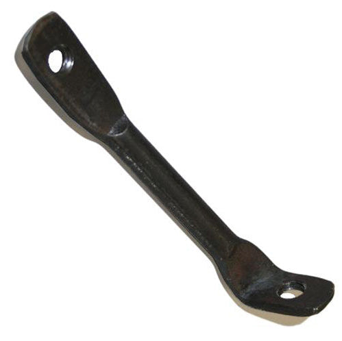 Black metal fender support bracket with bolt holes, front view