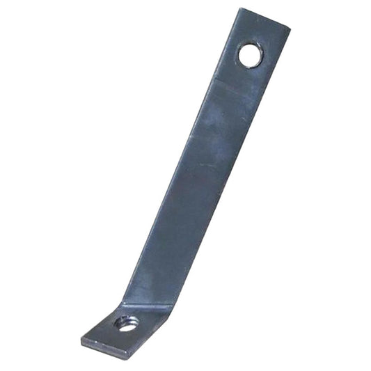 Black metal fender support bracket with bolt holes, side view