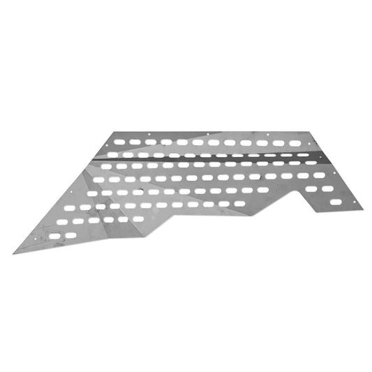 Vented metal wheel well panel with bolt holes, driver side view