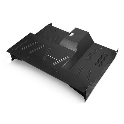 Steel floor pan assembly for classic Ford Bronco, front view with bolt holes
