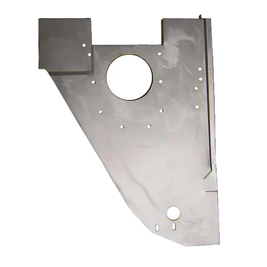 Black metal kick panel with bolt holes and textured finish, passenger side view